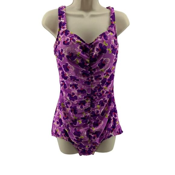 Maxine Of Hollywood Spa Shirred Girl Leg One Piece Swimsuit Purple Floral Size 1 - Picture 1 of 8